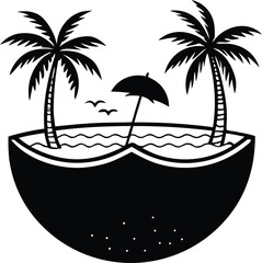  tropical island inside half coconut shell with palm trees, sandy beach, ocean water silhouette vector