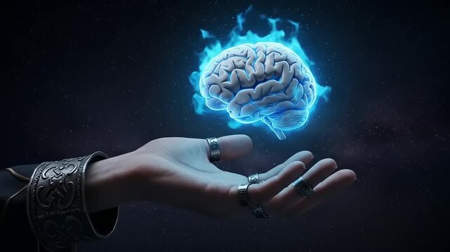 Mystical Hand Levitating a Glowing Blue Brain Hologram.