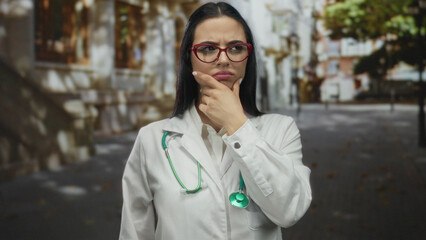 Young hispanic woman doctor in outdoor street scene gesturing having creative idea while wearing...