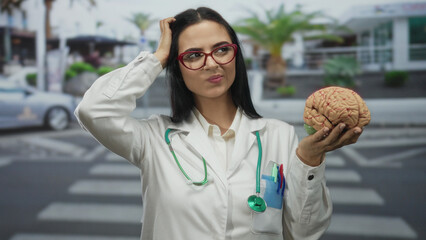 Hispanic woman doctor with stethoscope holds brain and gestures idea on street outdoor with confidence.