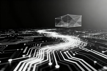 Abstract digital circuit with glowing path