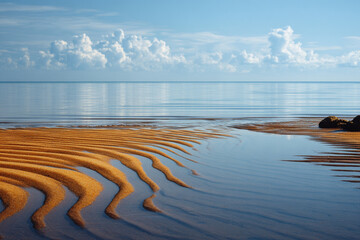 Serene Coastal Scene, Sand Ripples, Calm Water, and Billowing Clouds Under a Blue Sky