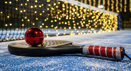 Festive close-up of a padel racket and a christmas ball on a snowy court with bokeh lights background