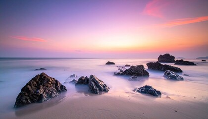 Woman Walks Along the Shallow Clear Turquoise Sea on Tropical Coastline Midday with Sunlight Glare and Pink Toned Sky in Coastal Travel Photography