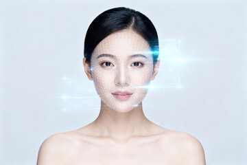 Woman with digital face grid overlay