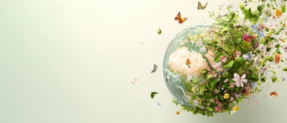The Earth Surrounded by Blossoming Flowers and Graceful Butterflies