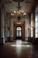 Fototapeta premium A long hallway with a chandelier beautifully hanging above