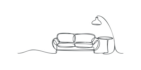 Minimalist line drawing of a sofa with side table and lamp