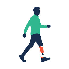 Naklejka premium Silhouette of a man walking with a prosthetic leg, depicted in green, blue and orange colors.
