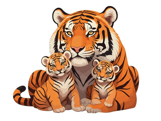 Obraz premium Mother tiger cuddling two cubs in a vibrant jungle