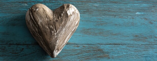 The rustic wooden heart on a turquoise background evokes love and warmth.