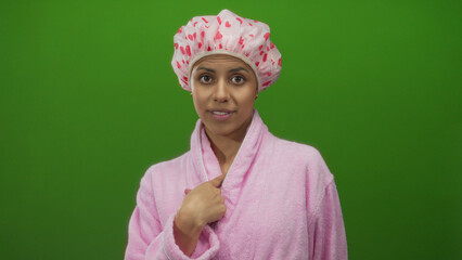 Woman in a pink bathrobe and shower cap pointing upward with one finger against an isolated green background, conveying a message of emphasis or importance.