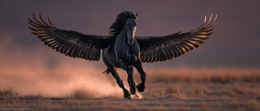 P&eacute;gase noir au galop dans la poussi&egrave;re au coucher du soleil