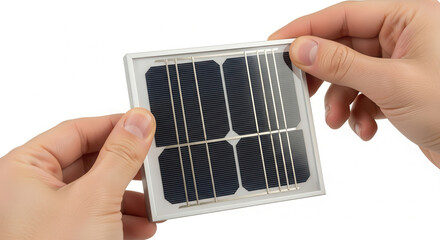 Hands holding a small solar panel with black photovoltaic cells, showcasing renewable energy technology and sustainable power solutions for modern applications