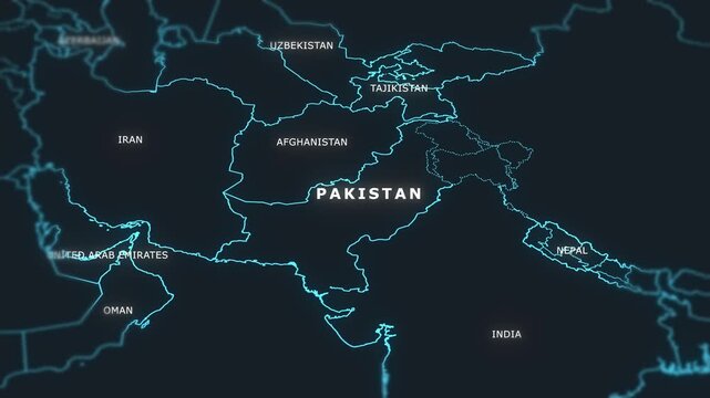 3D world digital glowing map animation of Pakistan.