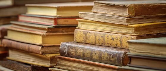 The antique books piled up in a cozy reading space.