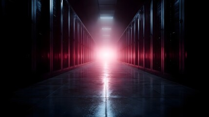 A perspective view of a futuristic server room aisle with glowing racks receding into a bright light