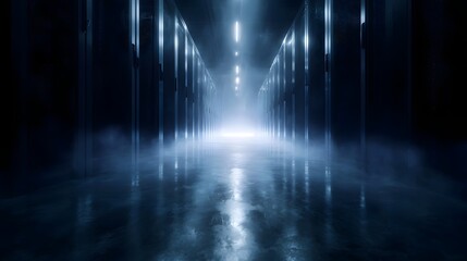 Futuristic data center corridor with glowing server racks and bright light emphasizing symmetry and depth