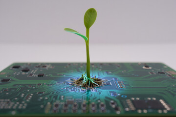 Green plant growing from a circuit board illustrating nature and technology merging in a unique way at close range Generative AI