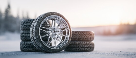 The winter tires stacked against a scenic snowy backdrop at sunrise.