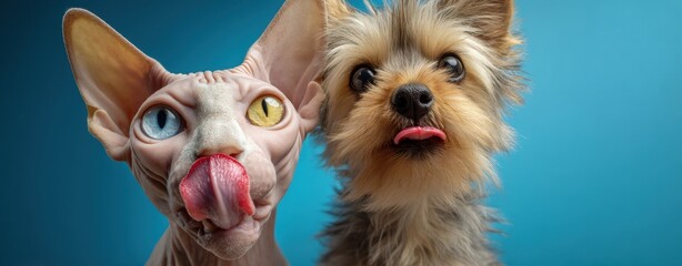 The playful cat and dog posing together with their tongues out.