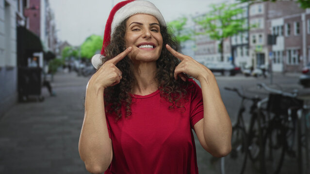 Woman wearing santa hat and red shirt points her index fingers to smile on a city street; holiday cheer. - Powered by Adobe