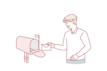 Sending post letter service concept. Young smiling man cartoon character standing putting envelope with letter into red post office box vector illustration