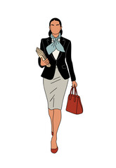 Stylized vector illustration of a professional businesswoman in a modern outfit with red accents, holding documents and handbag. Minimalist clean design on transparent background