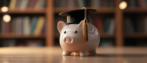 The piggy bank wearing a graduation cap symbolizes financial education and future success.