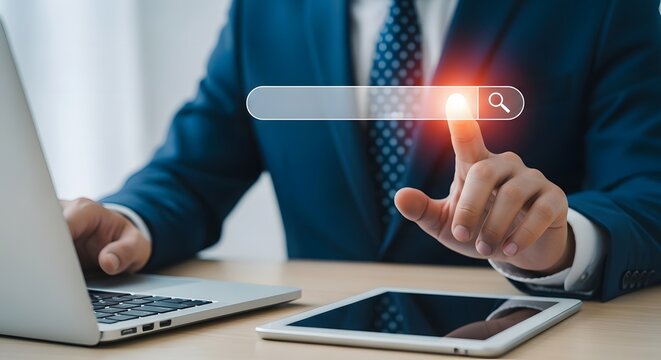 Businessman using search bar for online information and digital marketing