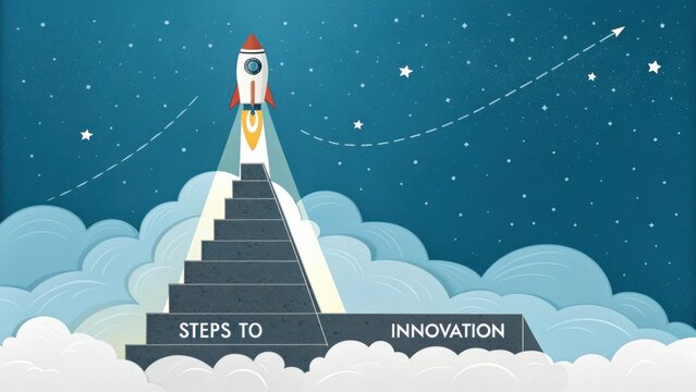 Creative Concept of Rocket Launching from Steps Representing Journey Towards Innovation and Progress in Business
