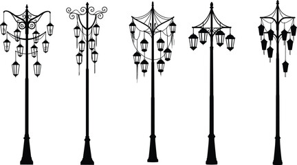 vintage, street, lamp, silhouette, lantern, ornate, decorative, pole, scrollwork, urban, outdoor