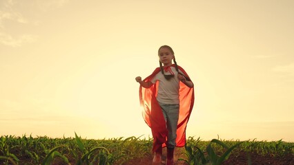 happy child superhero costume running sunset, housekeeping, child corn field, wheat summer, children's dream running, children dream airplane pilot, little girl farming, child running, dream airplane