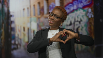 Young woman wearing glasses and blazer forming heart shape with hands in urban graffiti street; love connection.