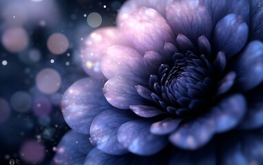 Abstract Blue Flower Close-Up with Bokeh Lights, Floral Art, Dreamy and Ethereal.