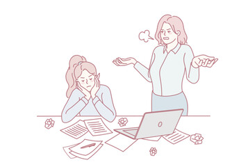 Furious boss stressed with employee unproductive work in office. Angry businesswoman unhappy with lazy worker at workplace. Vector illustration.