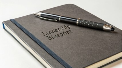 Dark Notebook with Leadership Blueprint Text and Elegant Pen Placed on a Minimalistic Desk for Professional Use