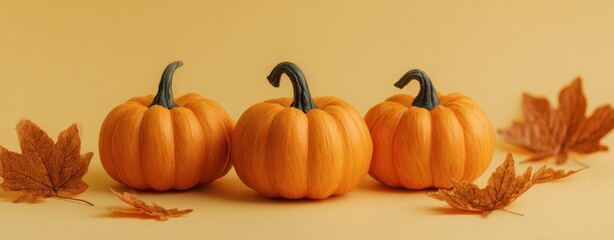 The vibrant pumpkins arranged beautifully with autumn leaves on a yellow background.
