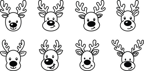 set of cartoon reindeer head vector illustration