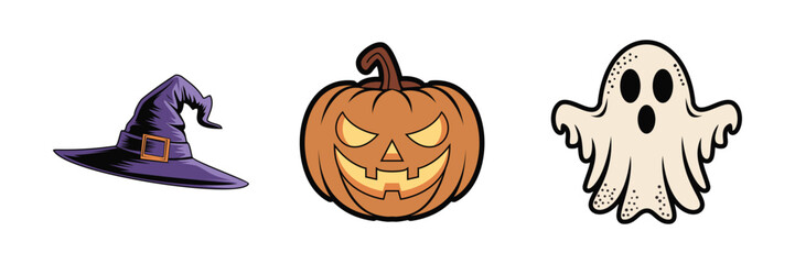 Colorful Halloween-themed cartoon illustration showing a witch hat, carved pumpkin, and cute ghost on a white background. Perfect for greeting cards, posters, or seasonal design projects.