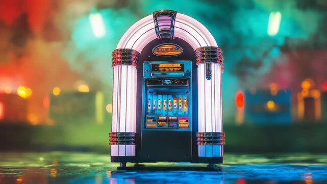 Vibrant illuminated jukebox with neon lights in retro setting