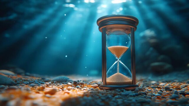 Vintage hourglass resting silently on a rocky seabed illuminated by magical underwater sunlight rays, time, eternity, endless patience, mysterious connection between natural beauty, ocean depths.