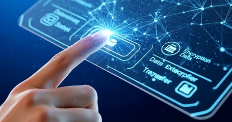 Futuristic hand interacting with digital interface for data encryption transfer - Powered by Adobe