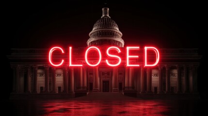 U.s. capitol building with neon closed sign symbolizing government shutdown and political crisis