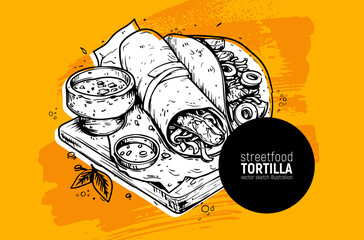 Enjoy delicious Tortilla Wraps with a variety of sauces and fresh, vibrant ingredients. Hand drawn sketch vector illustration