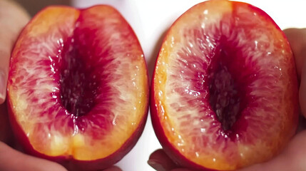 Juicy peach halves show vibrant color and texture. A fresh, ripe fruit ready to eat.