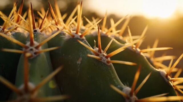 Dynamic Golden Hour Light Illuminates Sharp Cactus Spines in Desert Close-up