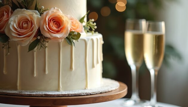 Elegant tiered cake with white icing drips and peach roses. Two champagne flutes with bubbly drink sit nearby. Soft bokeh lights in background. - Powered by Adobe