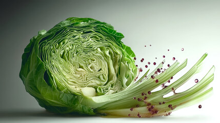 The fresh cabbage, cut in half, reveals layers of crisp green leaves. Red droplets signify a dynamic, healthy burst.