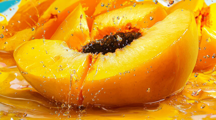 Juicy peach slices capture refreshing water drops. A vibrant, healthy fruit splash.